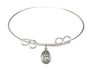 8 inch Round Double Loop Rhodium Bangle Bracelet with a Sterling Silver Saint Mark the Evangelist charm. Engraved Catholic Saint Jewelry