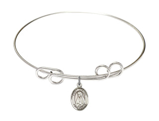 8 inch Round Double Loop Rhodium Bangle Bracelet with a Sterling Silver Saint Martha charm. Engraved Catholic Saint Jewelry