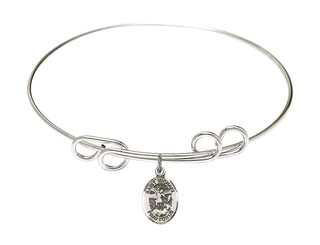 8 inch Round Double Loop Rhodium Bangle Bracelet with a Sterling Silver Saint Michael the Archangel charm. Engraved Catholic Saint Jewelry
