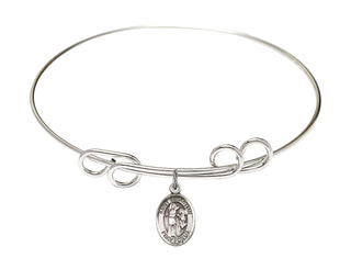 8 inch Round Double Loop Rhodium Bangle Bracelet with a Sterling Silver Saint Sebastian charm. Engraved Catholic Saint Jewelry