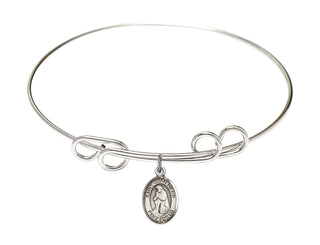 8 inch Round Double Loop Rhodium Bangle Bracelet with a Sterling Silver Saint Juan Diego charm. Engraved Catholic Saint Jewelry