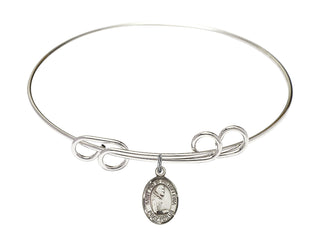8 inch Round Double Loop Rhodium Bangle Bracelet with a Sterling Silver Saint Pio of Pietrelcina charm. Engraved Catholic Saint Jewelry