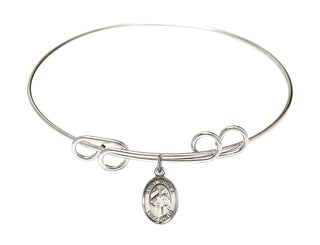 8 inch Round Double Loop Rhodium Bangle Bracelet with a Sterling Silver Saint Ursula charm. Engraved Catholic Saint Jewelry