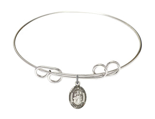 8 inch Round Double Loop Rhodium Bangle Bracelet with a Sterling Silver Maria Stein charm. Engraved Catholic Saint Jewelry
