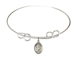 8 inch Round Double Loop Rhodium Bangle Bracelet with a Sterling Silver Saint Jerome charm. Engraved Catholic Saint Jewelry