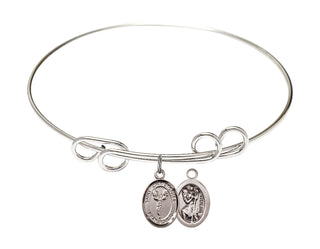 8 inch Round Double Loop Rhodium Bangle Bracelet with a Sterling Silver Saint Christopher/Cheerleading charm.