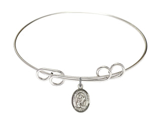8 inch Round Double Loop Rhodium Bangle Bracelet with a Sterling Silver Saint Martin of Tours charm. Engraved Catholic Saint Jewelry