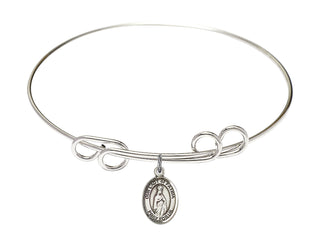 8 inch Round Double Loop Rhodium Bangle Bracelet with a Sterling Silver Our Lady of Fatima charm. Engraved Catholic Saint Jewelry