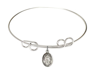 8 inch Round Double Loop Rhodium Bangle Bracelet with a Sterling Silver Saint Maria Goretti charm. Engraved Catholic Saint Jewelry