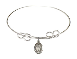 8 inch Round Double Loop Rhodium Bangle Bracelet with a Sterling Silver Footprints / Cross charm. Engraved Catholic Saint Jewelry