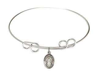 8 inch Round Double Loop Rhodium Bangle Bracelet with a Sterling Silver Our Lady of Peace charm. Engraved Catholic Saint Jewelry