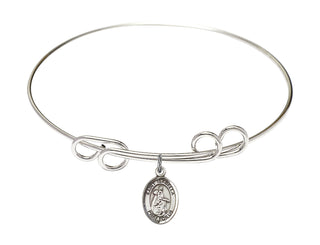 8 inch Round Double Loop Rhodium Bangle Bracelet with a Sterling Silver Saint Isabella of Portugal charm. Engraved Catholic Saint Jewelry