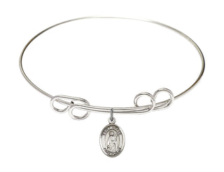 8 inch Round Double Loop Rhodium Bangle Bracelet with a Sterling Silver Saint Grace charm. Engraved Catholic Saint Jewelry
