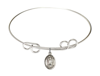 8 inch Round Double Loop Rhodium Bangle Bracelet with a Sterling Silver Saint Austin charm. Engraved Catholic Saint Jewelry