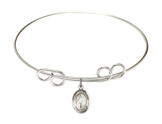 8 inch Round Double Loop Rhodium Bangle Bracelet with a Sterling Silver Saint Hildegard von Bingen charm. Engraved Catholic Saint Jewelry