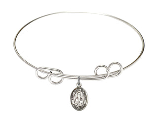 8 inch Round Double Loop Rhodium Bangle Bracelet with a Sterling Silver Saint Basil the Great charm. Engraved Catholic Saint Jewelry