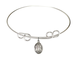 8 inch Round Double Loop Rhodium Bangle Bracelet with a Sterling Silver Saint Isidore the Farmer charm. Engraved Catholic Saint Jewelry