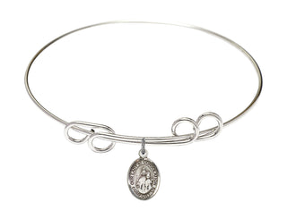 8 inch Round Double Loop Rhodium Bangle Bracelet with a Sterling Silver Our Lady of Consolation charm. Engraved Catholic Saint Jewelry