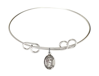 8 inch Round Double Loop Rhodium Bangle Bracelet with a Sterling Silver Saint Aedan of Ferns charm. Engraved Catholic Saint Jewelry