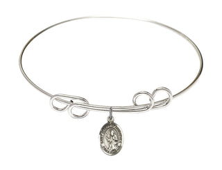 8 inch Round Double Loop Rhodium Bangle Bracelet with a Sterling Silver Saint Joseph of Arimathea charm. Engraved Catholic Saint Jewelry