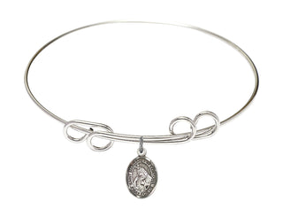 8 inch Round Double Loop Rhodium Bangle Bracelet with a Sterling Silver Saint Margaret of Cortona charm. Engraved Catholic Saint Jewelry