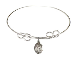 8 inch Round Double Loop Rhodium Bangle Bracelet with a Sterling Silver Our Lady of Victory charm. Engraved Catholic Saint Jewelry