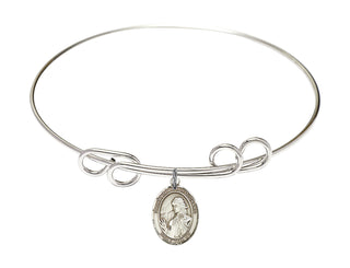 8 inch Round Double Loop Rhodium Bangle Bracelet with a Sterling Silver Saint Finnian of Clonard charm. Engraved Catholic Saint Jewelry