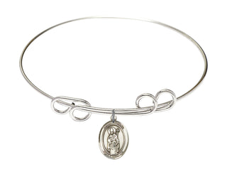 8 inch Round Double Loop Rhodium Bangle Bracelet with a Sterling Silver Saint Ronan charm. Engraved Catholic Saint Jewelry