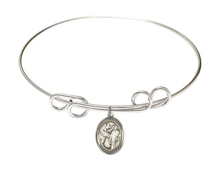 8 inch Round Double Loop Rhodium Bangle Bracelet with a Sterling Silver Saint Columbanus charm. Engraved Catholic Saint Jewelry