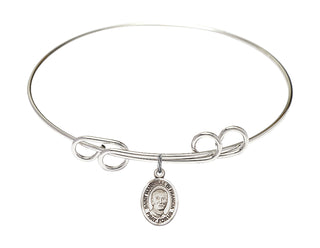 8 inch Round Double Loop Rhodium Bangle Bracelet with a Sterling Silver Saint Hannibal charm. Engraved Catholic Saint Jewelry