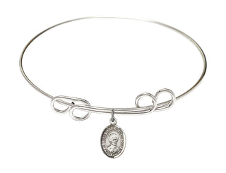 8 inch Round Double Loop Rhodium Bangle Bracelet with a Sterling Silver Saint Louis Marie de Montfort charm. Engraved Catholic Saint Jewelry