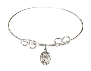 8 inch Round Double Loop Rhodium Bangle Bracelet with a Sterling Silver Saint Nimatullah charm. Engraved Catholic Saint Jewelry