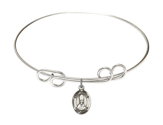 8 inch Round Double Loop Rhodium Bangle Bracelet with a Sterling Silver Saint Anselm of Canterbury charm. Engraved Catholic Saint Jewelry