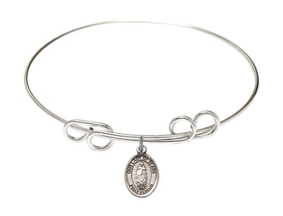 8 inch Round Double Loop Rhodium Bangle Bracelet with a Sterling Silver Our Lady of Tears charm. Engraved Catholic Saint Jewelry