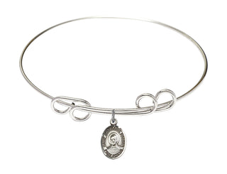 8 inch Round Double Loop Rhodium Bangle Bracelet with a Sterling Silver Saint Josemaria Escriva charm. Engraved Catholic Saint Jewelry