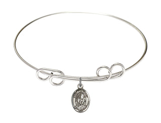 8 inch Round Double Loop Rhodium Bangle Bracelet with a Sterling Silver Saint Polycarp of Smyrna charm. Engraved Catholic Saint Jewelry