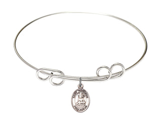 8 inch Round Double Loop Rhodium Bangle Bracelet with a Sterling Silver Saint Honorius of Amiens charm. Engraved Catholic Saint Jewelry