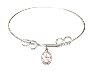 8 inch Round Double Loop Rhodium Bangle Bracelet with a Sterling Silver Blessed Emilee Doultremont charm. Engraved Catholic Saint Jewelry