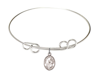8 inch Round Double Loop Rhodium Bangle Bracelet with a Sterling Silver Saint Jacob of Nisibis charm. Engraved Catholic Saint Jewelry
