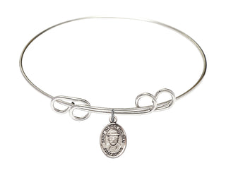 8 inch Round Double Loop Rhodium Bangle Bracelet with a Sterling Silver Saint Damien of Molokai charm. Engraved Catholic Saint Jewelry