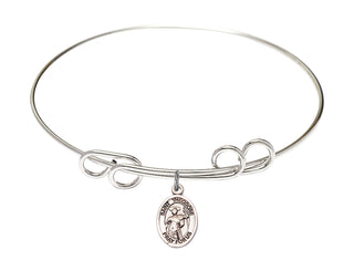 8 inch Round Double Loop Rhodium Bangle Bracelet with a Sterling Silver Saint Theodore Stratelates charm. Engraved Catholic Saint Jewelry