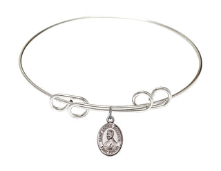 8 inch Round Double Loop Rhodium Bangle Bracelet with a Sterling Silver Saint Andre Bessette charm. Engraved Catholic Saint Jewelry