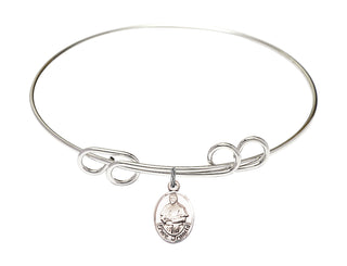 8 inch Round Double Loop Rhodium Bangle Bracelet with a Sterling Silver Pope Francis charm.