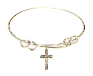 8 1/2 inch Round Double Loop Hamilton Gold Bangle Bracelet with a 14kt Gold Filled Crucifix charm.