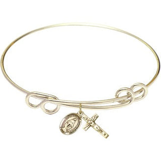 8 1/2 inch Round Double Loop Hamilton Gold Bangle Bracelet with a 14kt Gold Filled Crucifix charm.