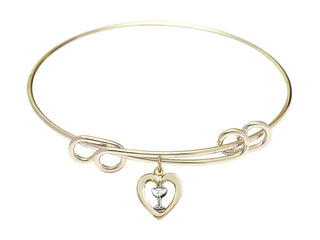 8 1/2 inch Round Double Loop Hamilton Gold Bangle Bracelet with a Two-Tone GF/SS Heart / Chalice charm.