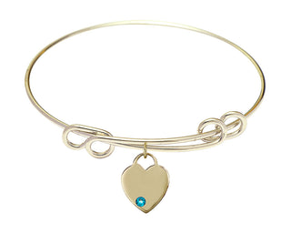 8 1/2 inch Round Double Loop Hamilton Gold Bangle Bracelet with a 14kt Gold Filled Heart charm. Engraved Catholic Saint Jewelry