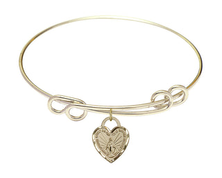 8 1/2 inch Round Double Loop Hamilton Gold Bangle Bracelet with a 14kt Gold Filled Miraculous Heart charm. Engraved Catholic Saint Jewelry