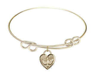 8 1/2 inch Round Double Loop Hamilton Gold Bangle Bracelet with a 14kt Gold Filled Confirmation Heart charm. Engraved Catholic Saint Jewelry