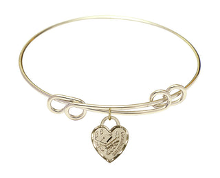 8 1/2 inch Round Double Loop Hamilton Gold Bangle Bracelet with a 14kt Gold Filled Graduation Heart charm. Engraved Catholic Saint Jewelry